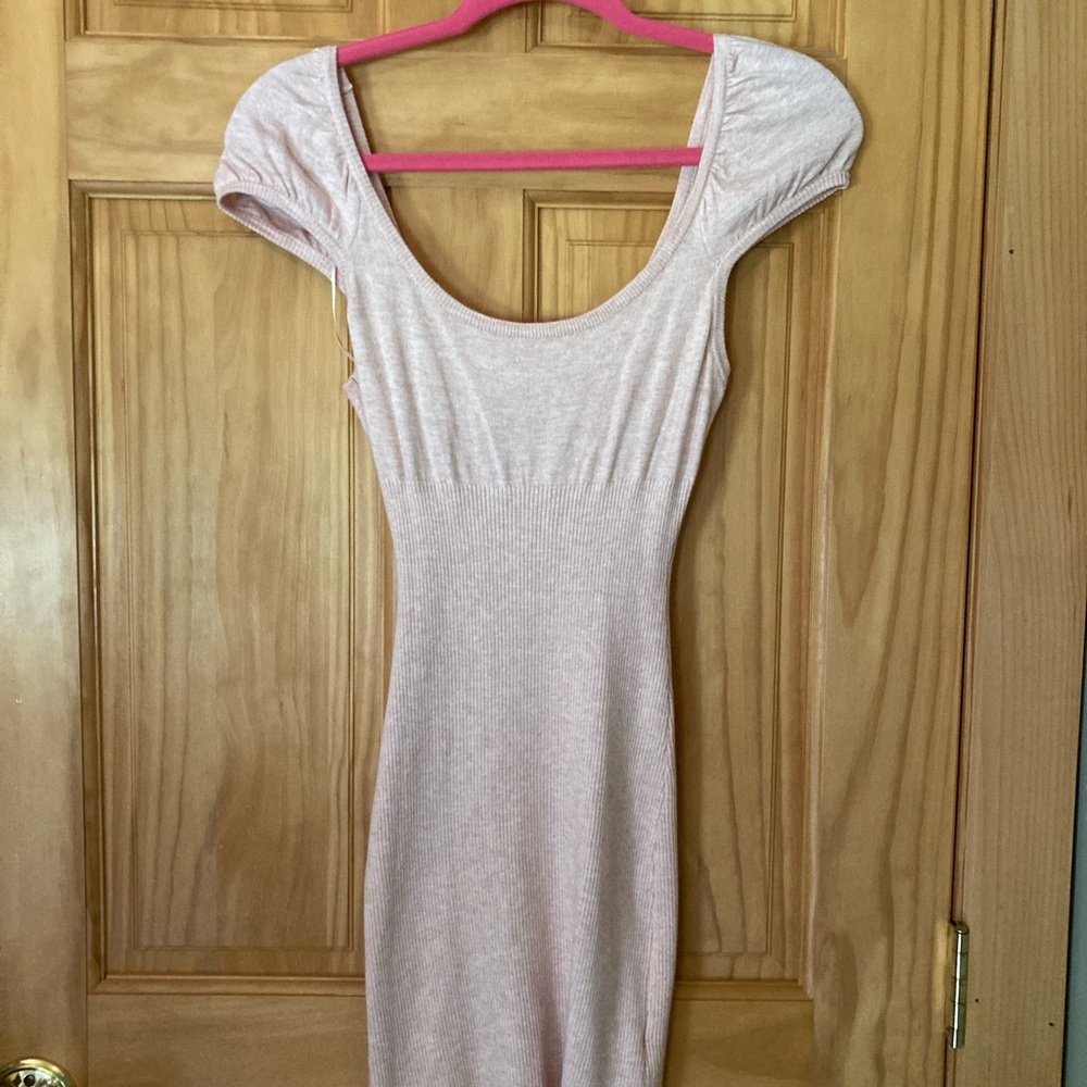 Light Pink cap short sleeves mini dress u shape neck